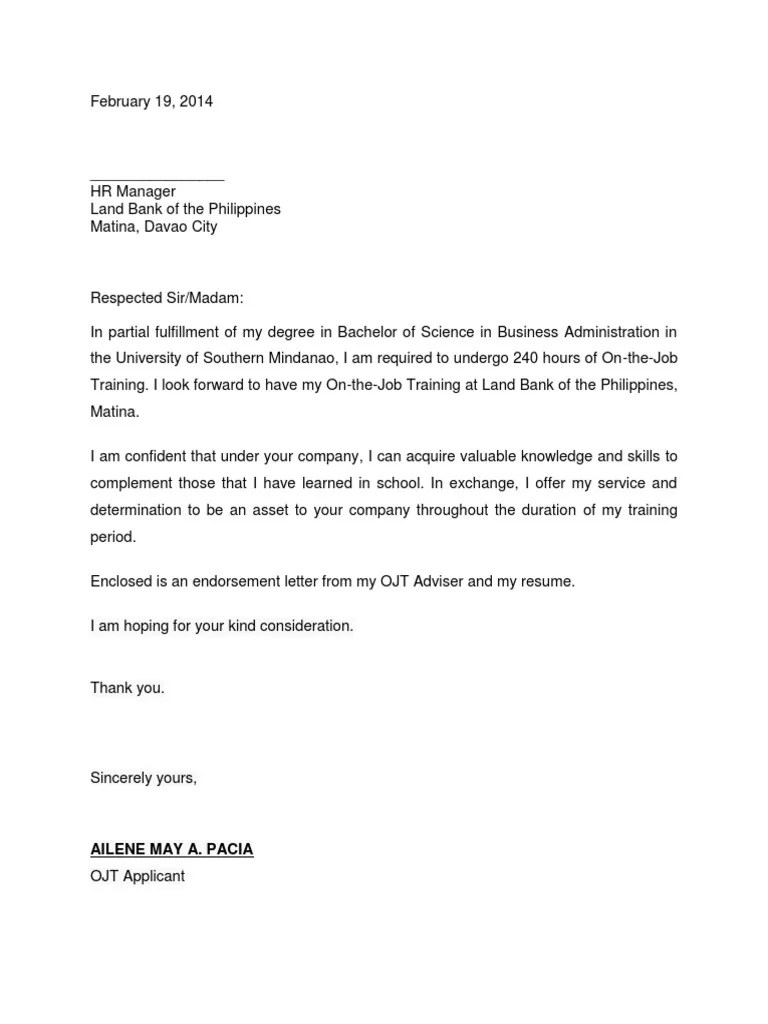 Application Letter for My Ojt
