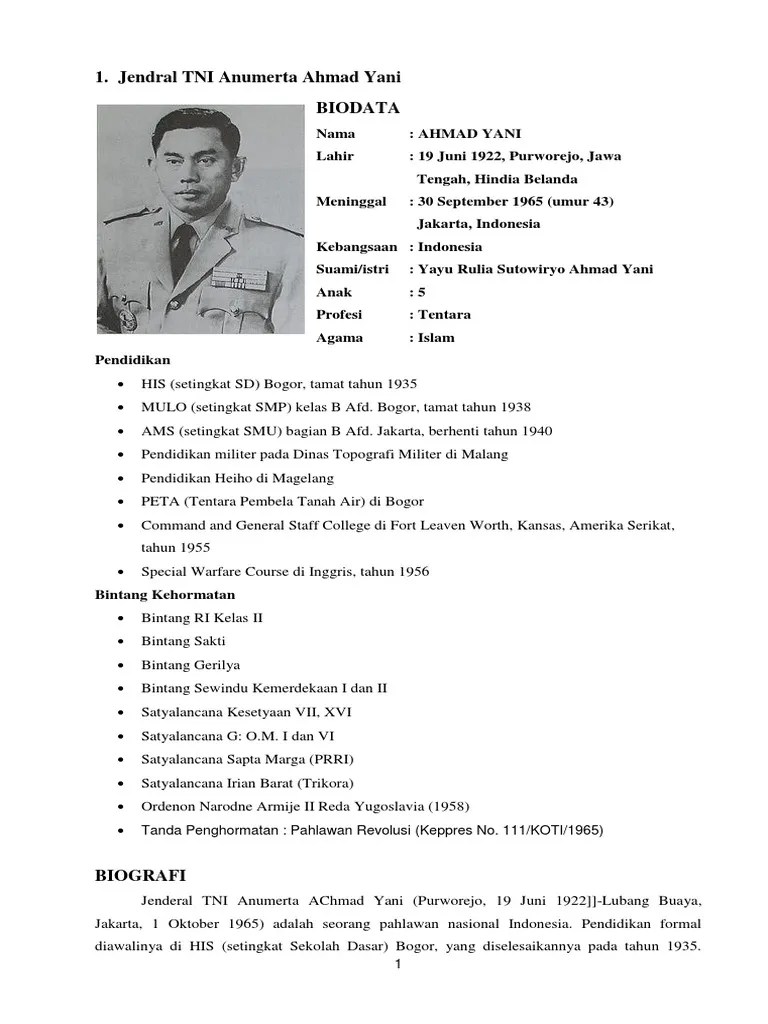 Biografi Pahlawan Revolusi Ahmad Yani