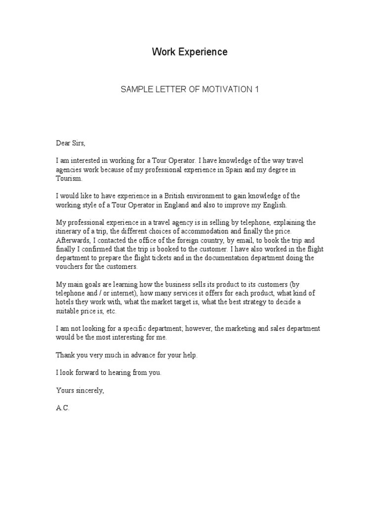Sample Letter of Motivation Travel Agency Sales Free