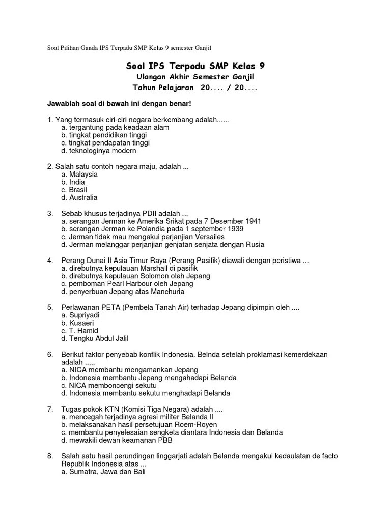 Soal Pilihan Ganda IPS Terpadu SMP Kelas 9 Semester Ganjil | PDF
