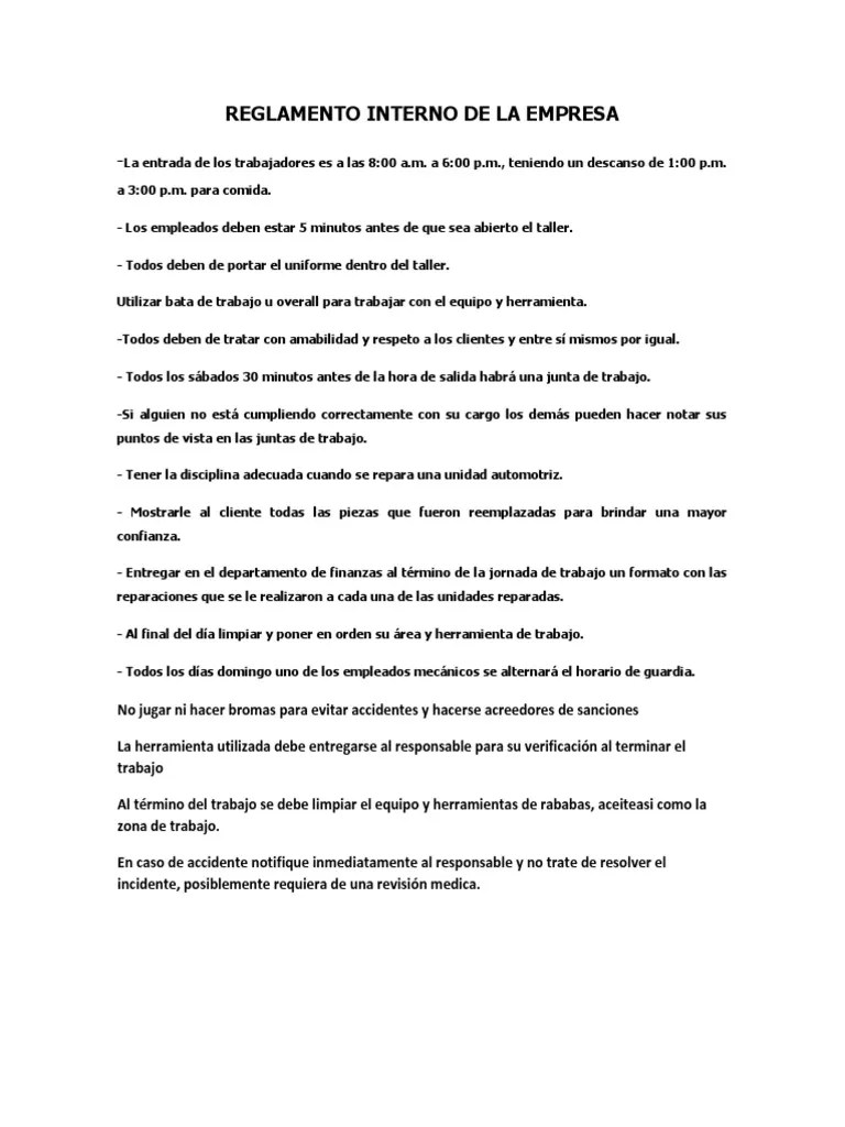 Ejemplos De Un Reglamento Interno De Una Empresa