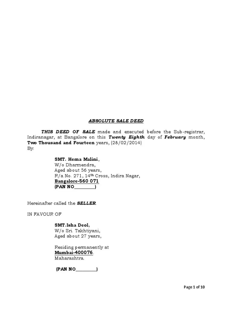 Sample Sale Deed for Property Registration in Bangalore Deed