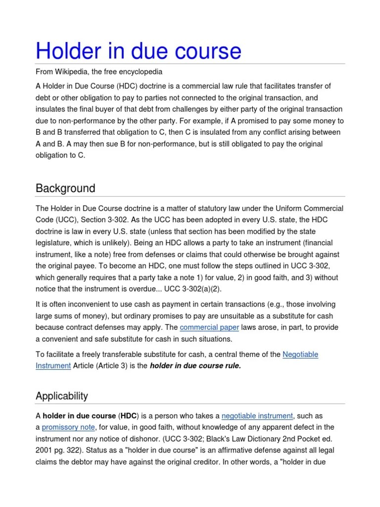 Holder in Due Course Definition Negotiable Instrument Uniform