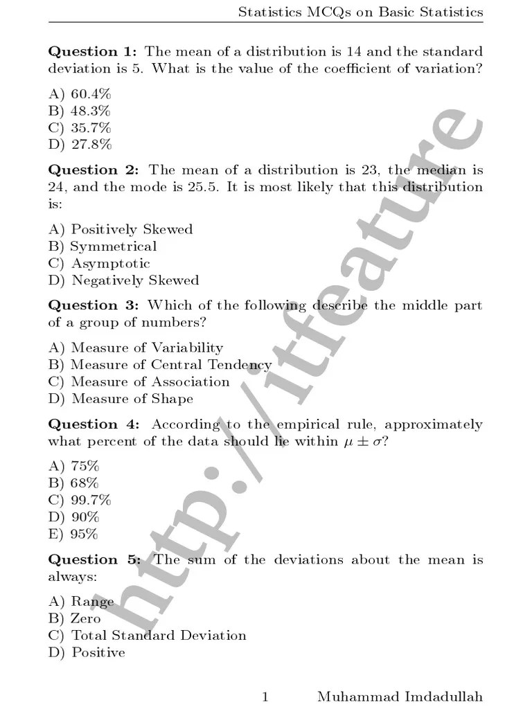 MCQs Basic Statistics 1 Statistics Standard Deviation