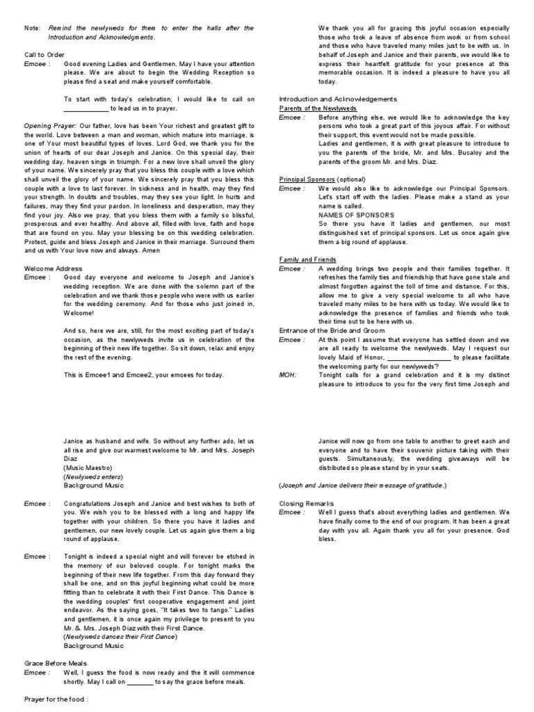 Wedding Script Ceremonies Prayer