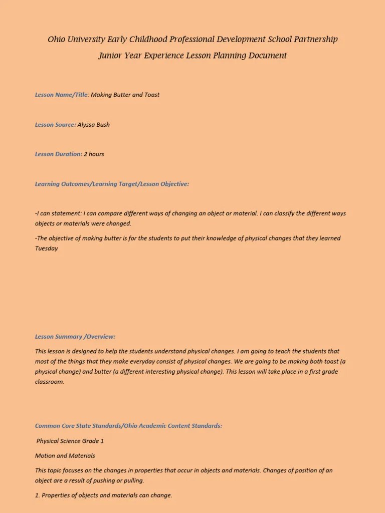 Physical Changes Making Butter and Toast PDF Lesson Plan Quality