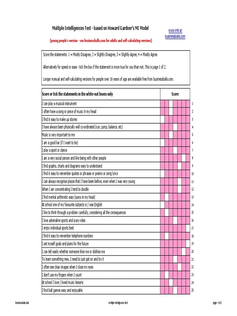 Free Multiple Intelligences Test Young People PDF Applied