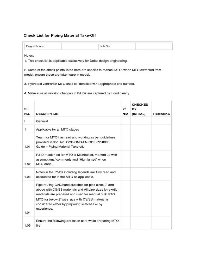 Check List For Piping Material TakeOff PDF Pipe (Fluid Conveyance) Valve