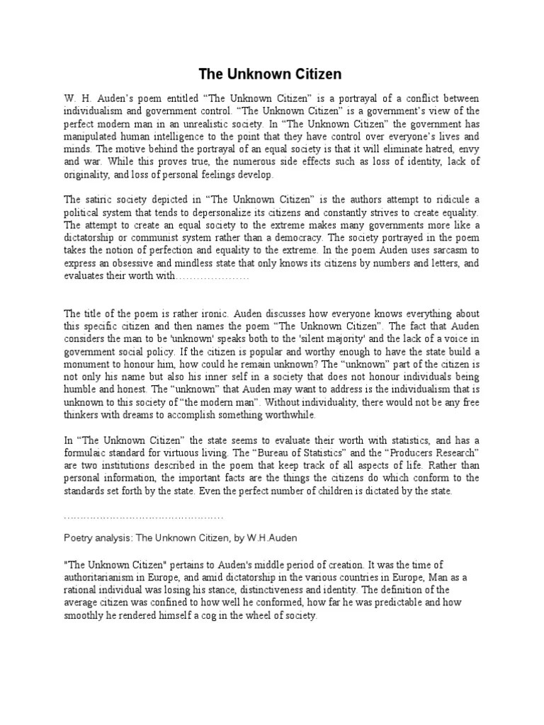 The Unknown Citizen PDF Rhyme Poetic Form