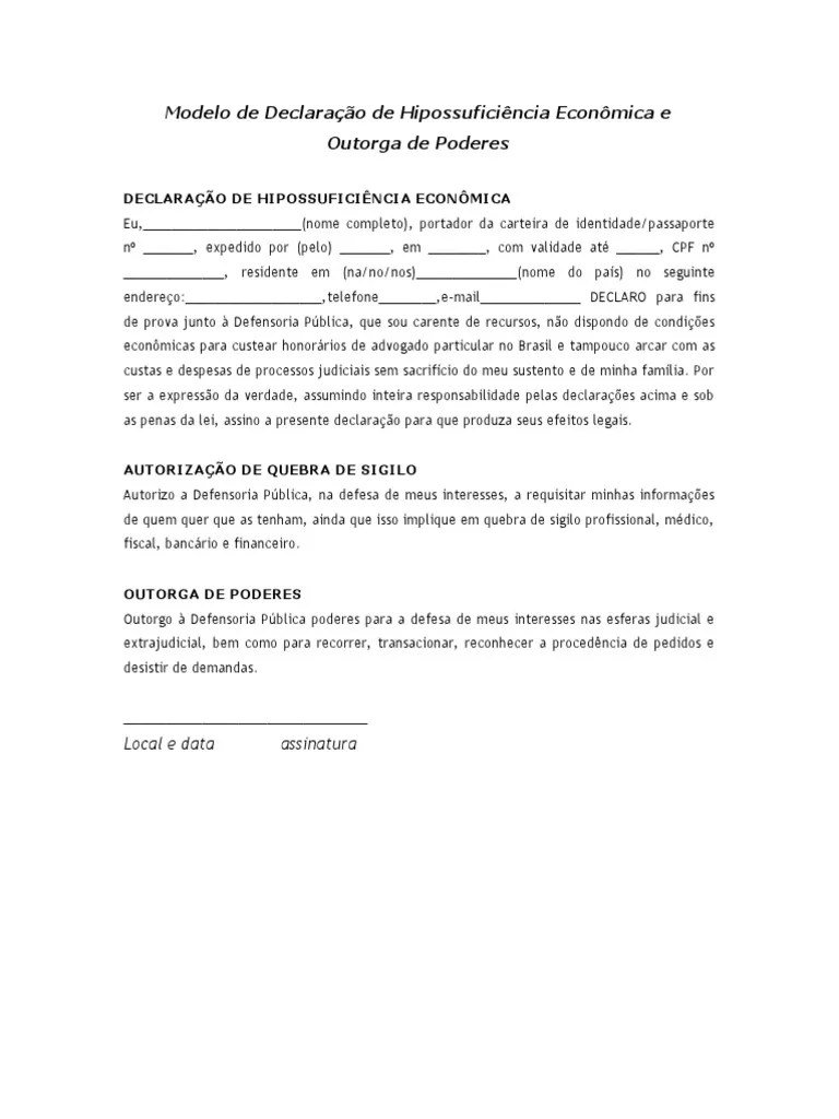 Modelo de Declaração de Hipossuficiência Econômica