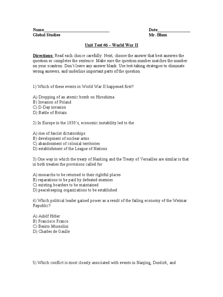 Unit Test 6 World War 2 PDF World War II Fascism
