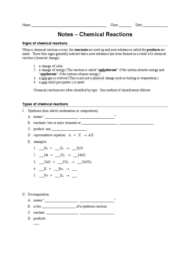 Notes - Chemical Reactions | Chemical Reactions | Chemical Substances
