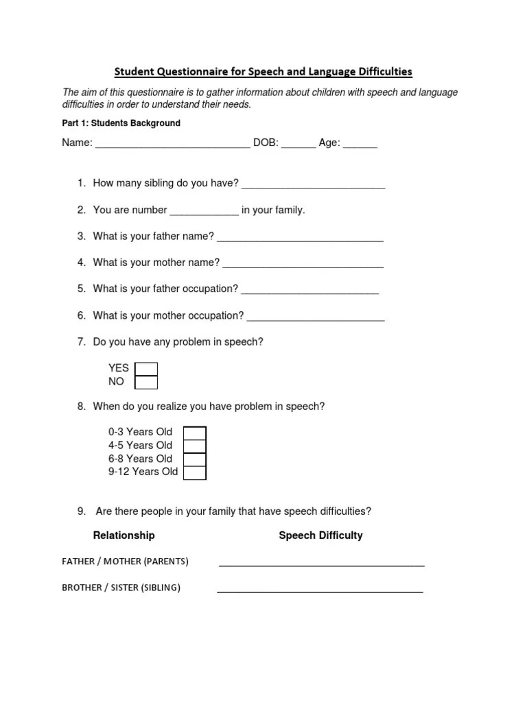 Student Questionnaire For Speech and Language Difficulties PDF