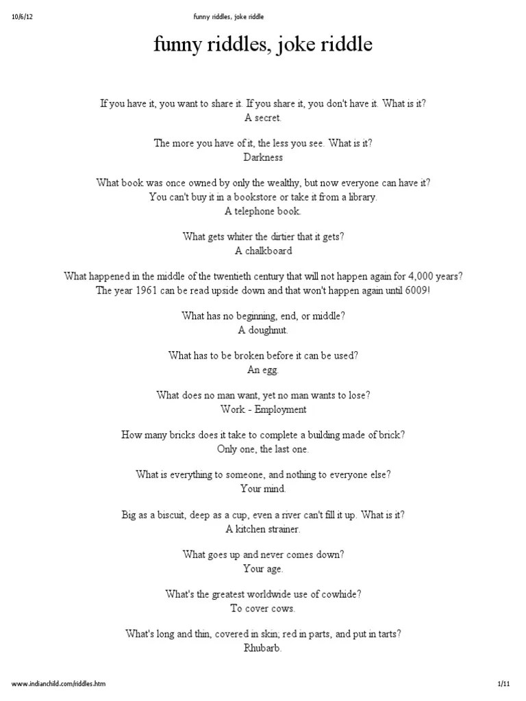Funny Riddles, Joke Riddle PDF Infants