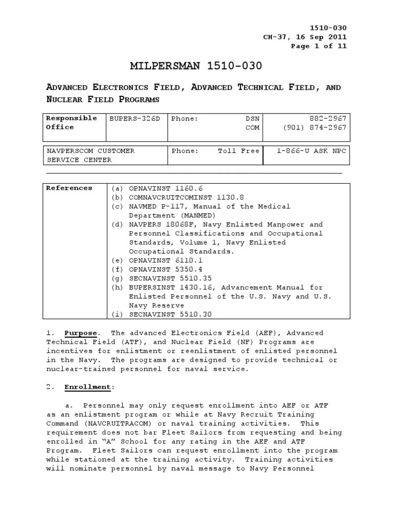 Milpersman 1510030 United States Navy Military Discharge