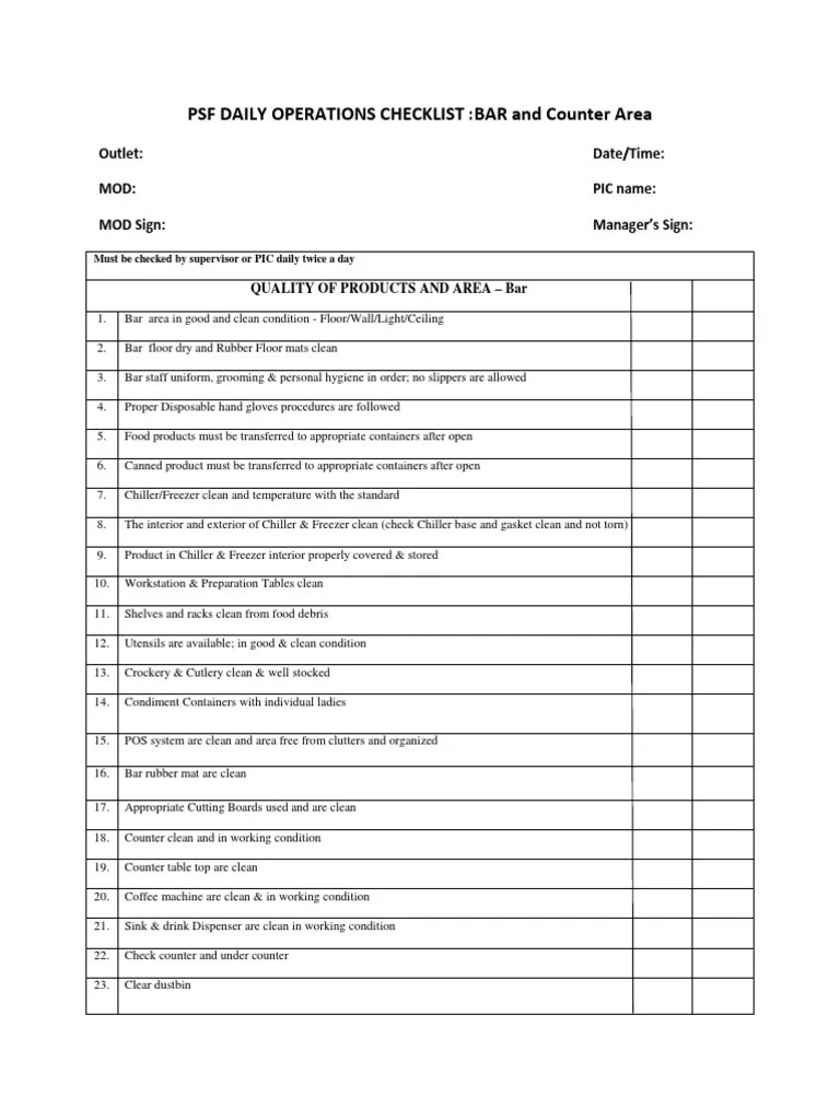 Psf Daily Operations and Cleaning Checklist Tableware Bar