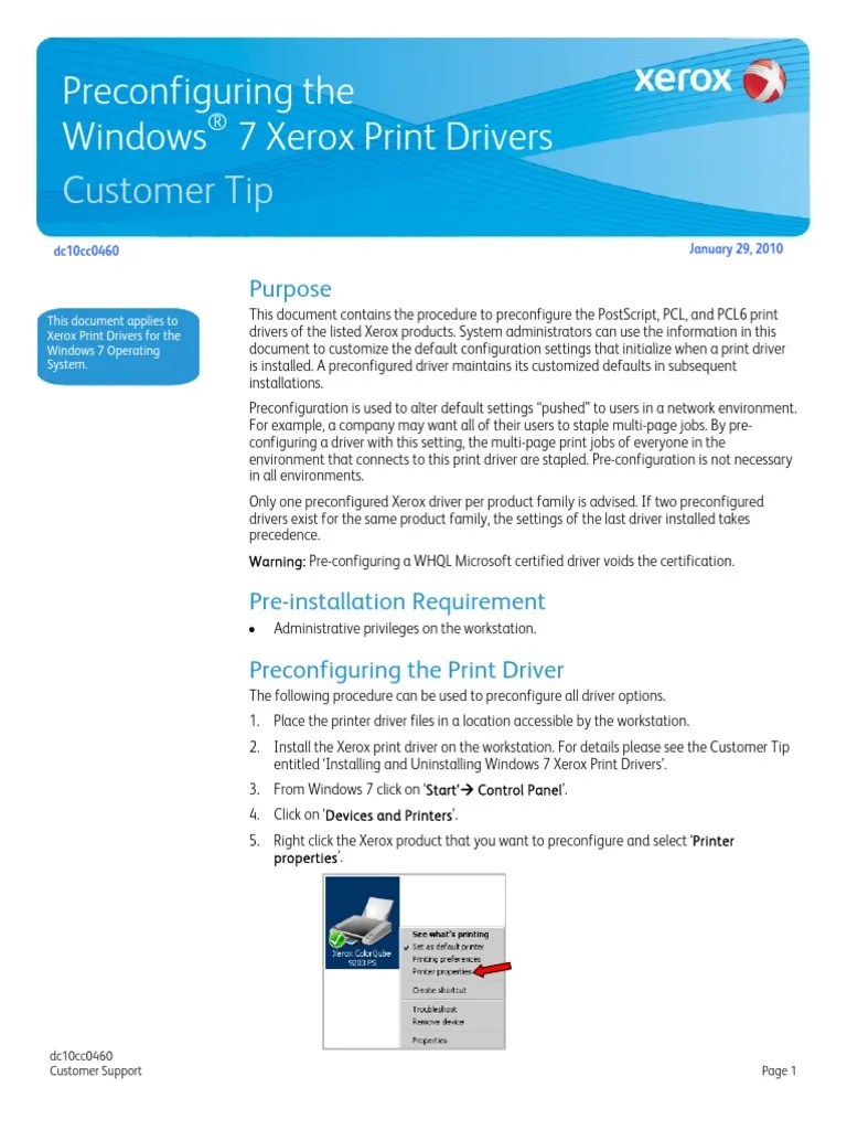 Preconfiguring the Windows 7 Xerox Print Drivers | Device Driver