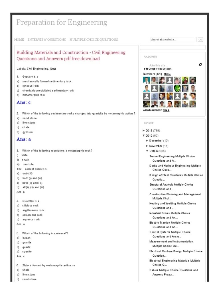 Building Materials and Construction Civil Engineering Questions and Answers PDF Free Download