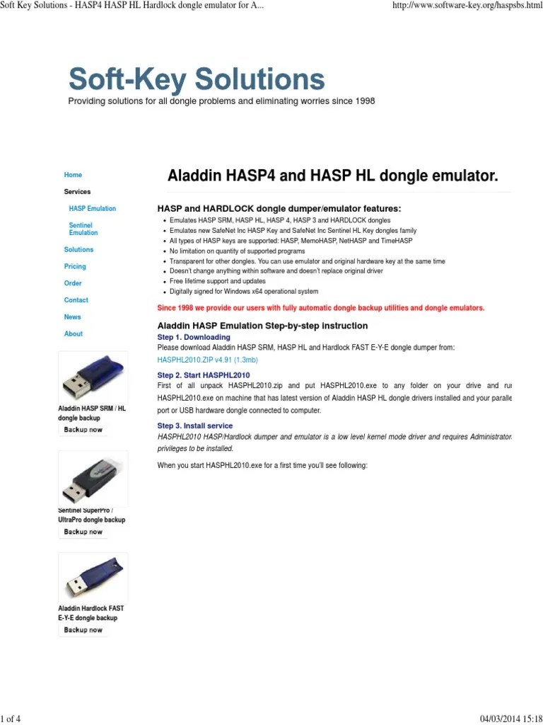 Soft Key Solutions HASP4 HASP HL Hardlock Dongle Emulator for Aladdin