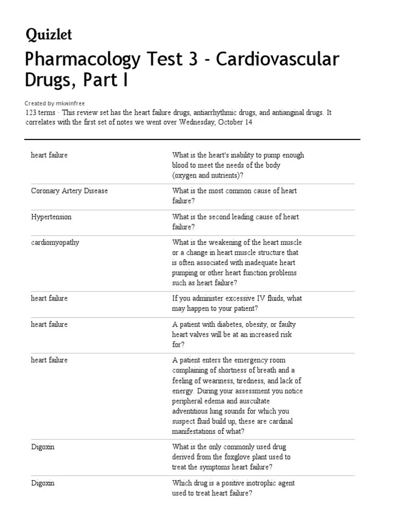 Pharmacology Test 3 Cardiovascular Drugs, Part I Flashcards _ Quizlet