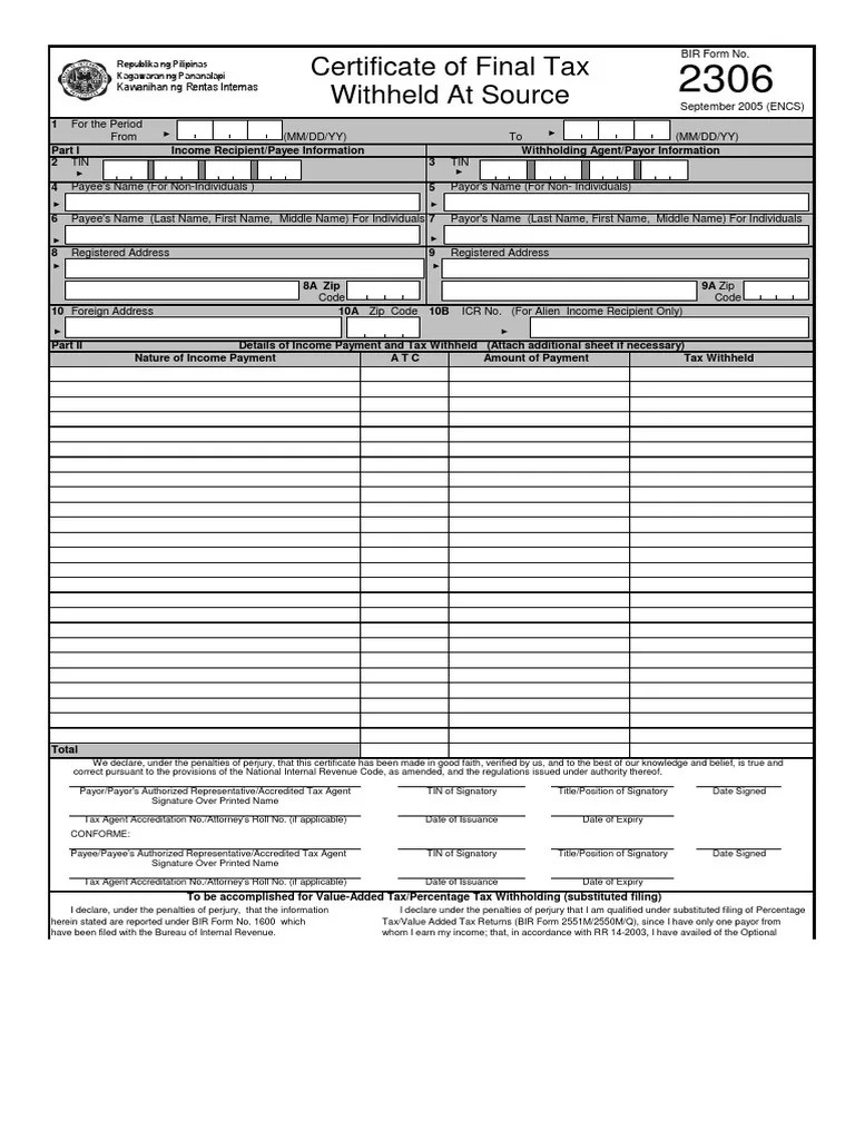 BIR Form 2306 Withholding Tax Value Added Tax