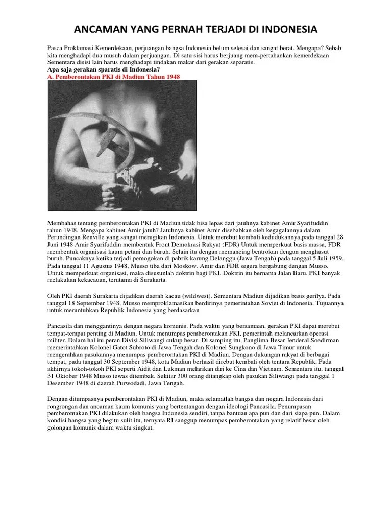 Sebab Sebab Terjadinya Pemberontakan Pki Di Madiun Tahun 1948