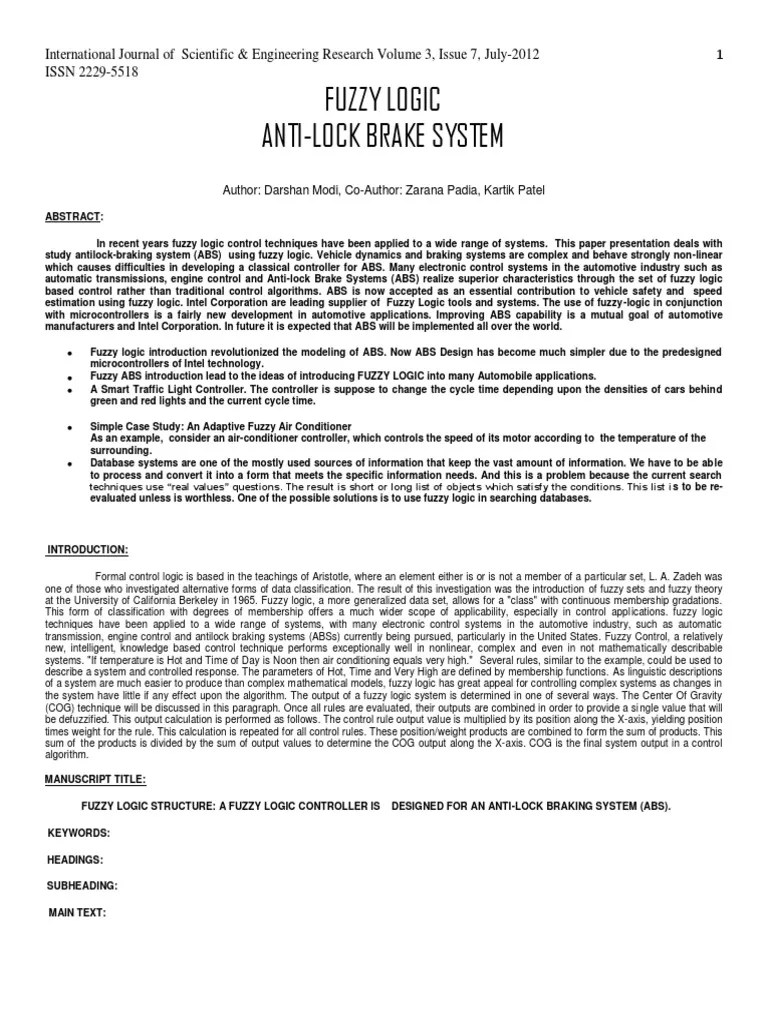 Fuzzy Logic Anti Lock Brake System PDF Fuzzy Logic Anti Lock