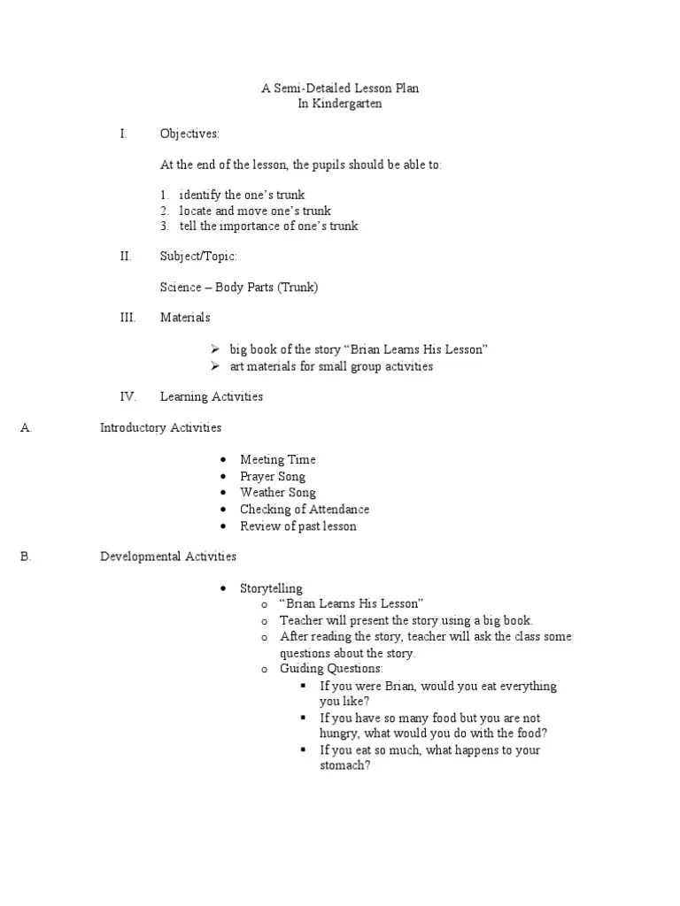 A SemiDetailed Lesson Plan in Kindergarten I. Objectives at The PDF