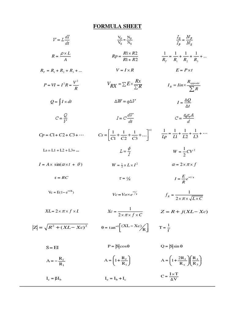 Electronics Formula Sheet PDF