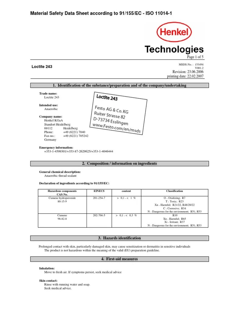 MSDS loctite243 Toxicity Solvent