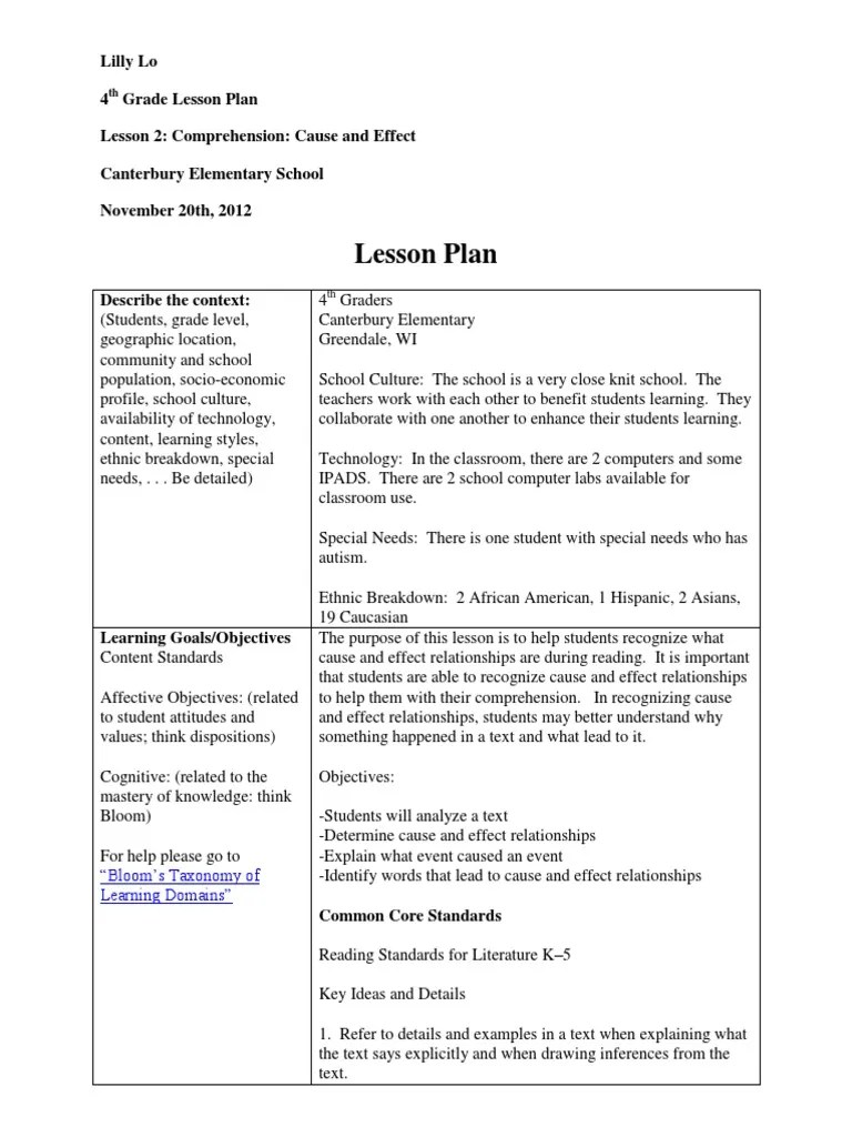 lilly lo 4th grade comprehension lesson plan Reading Comprehension