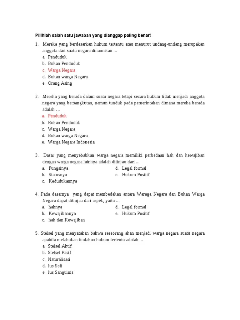 KisiKisi Soal PG Hak Dan Kewajiban Warga Negara