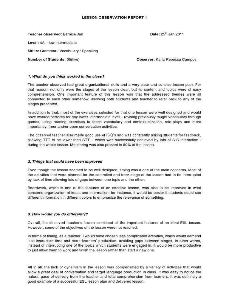 Lesson Observation Report 1 Reading Comprehension