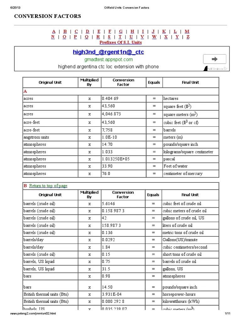 Oilfield Units Conversion Factors Gallon Pound (Mass)
