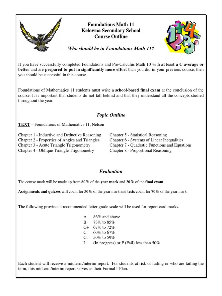 foundations math 11 course outline Homework Physics & Mathematics