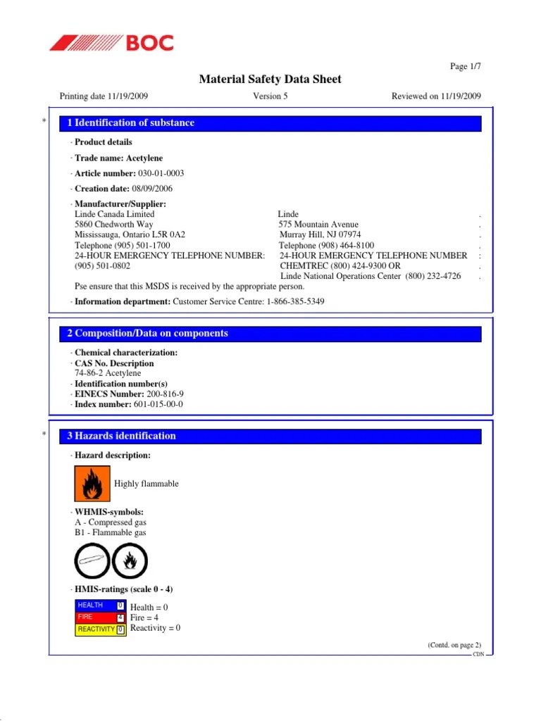 MSDS Acetylene Dangerous Goods Personal Protective Equipment