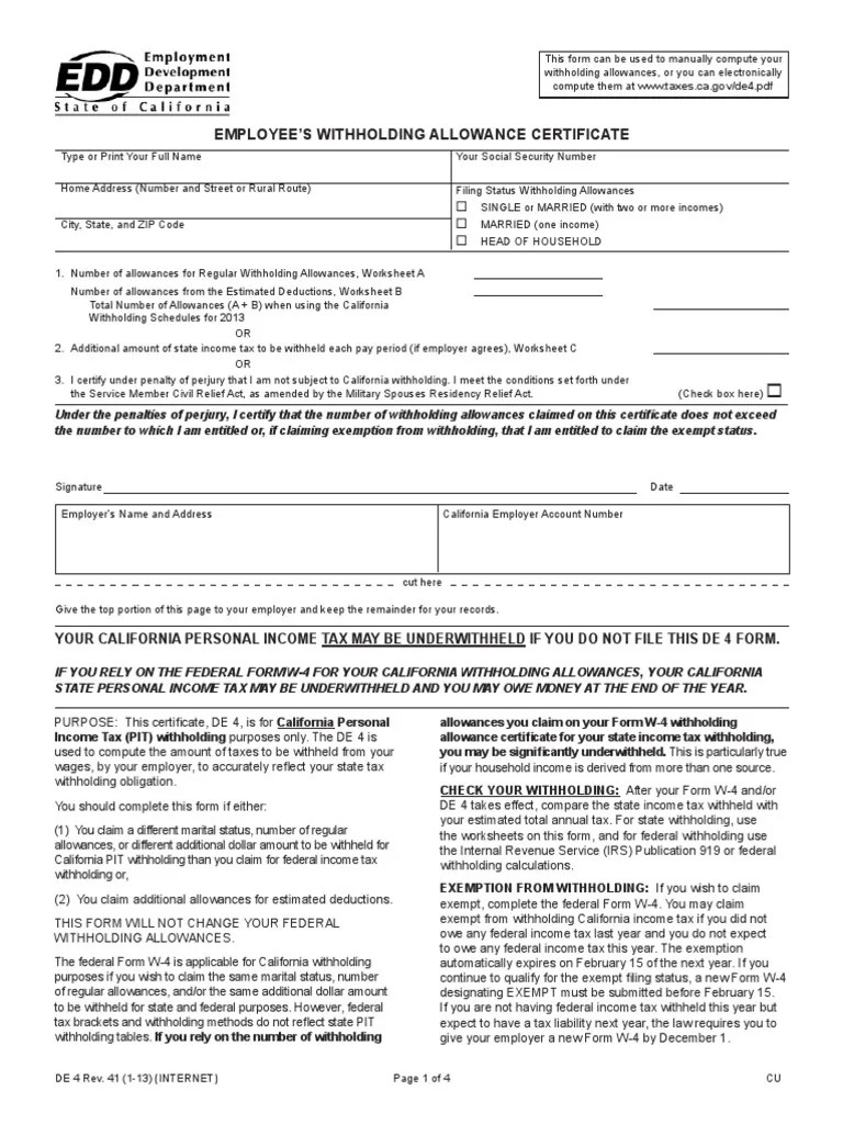 CA DE4 Withholding Tax Tax In The United States