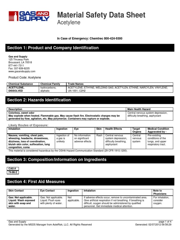 Acetylene Ms Ds Toxicity Combustion