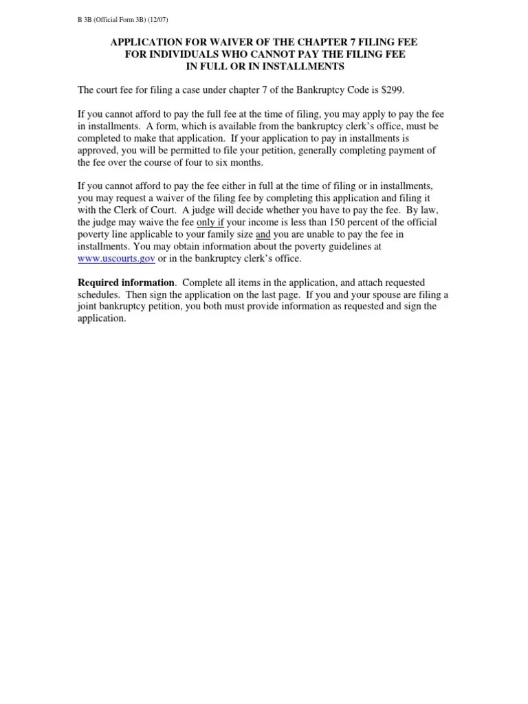 Application for Waiver of Filing Fee Chapter 7 Bankruptcy In The