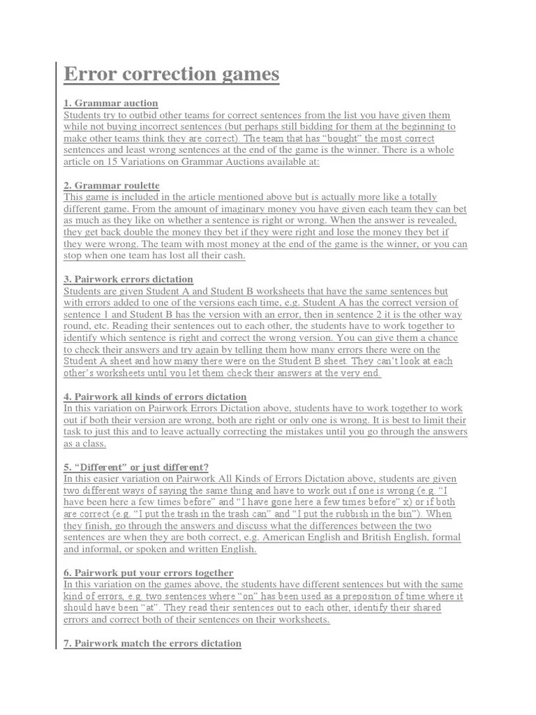 Error Correction Games PDF Error English Language