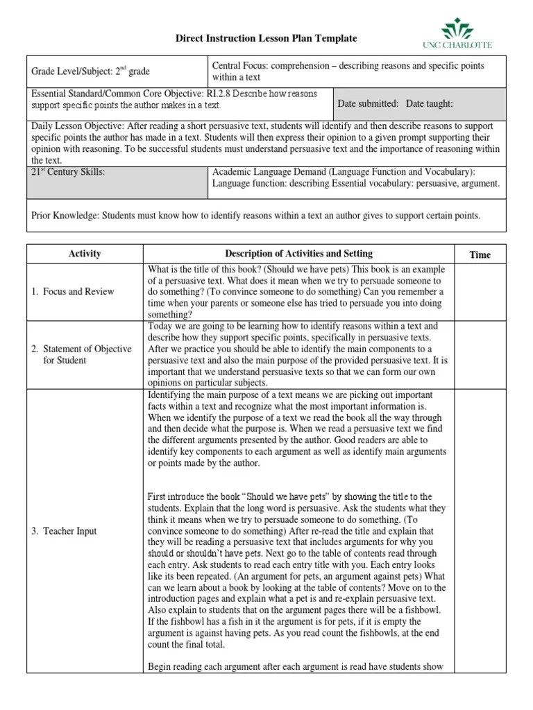 Direct Instruction Lesson Plan Template Describe how reasons support