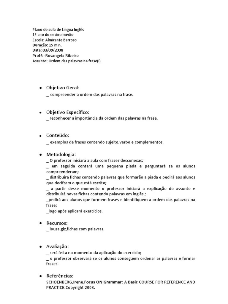 Plano de aula de LÃ­ngua Inglesa