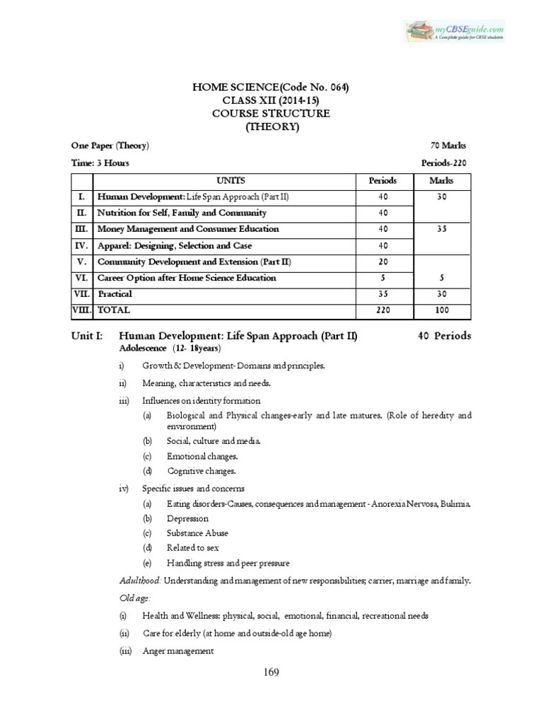 CBSE Class 12 Syllabus for Home Science 20142015 Home Economics