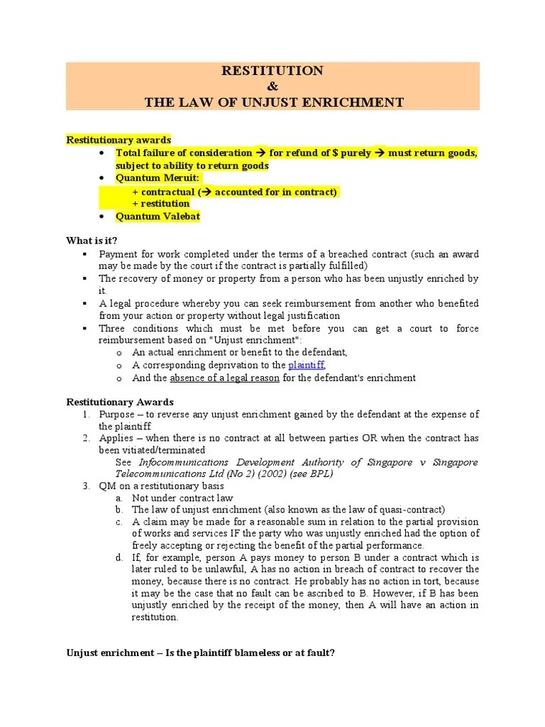 Restitution Unjust Enrichment Mugger Notes PDF Restitution Damages