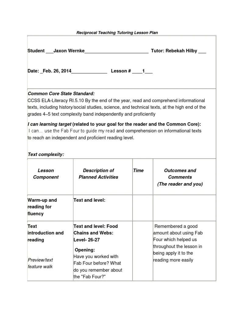 Reciprocal Teaching Tutoring Lesson Plan 1 PDF Cognition Learning
