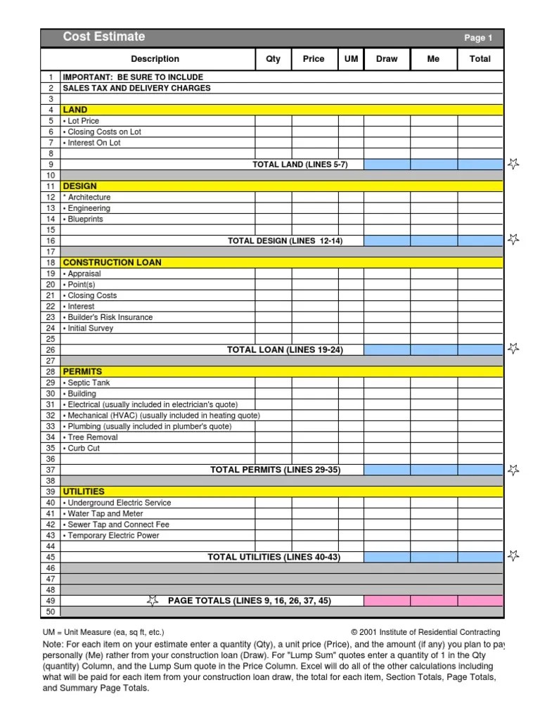 Cost Estimating Worksheet | Framing (Construction) | Building