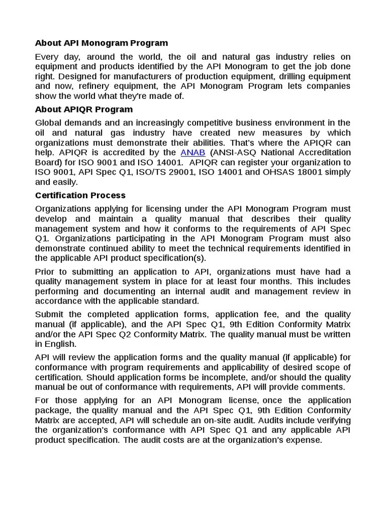 API Monogram Program Audit Quality (Business)