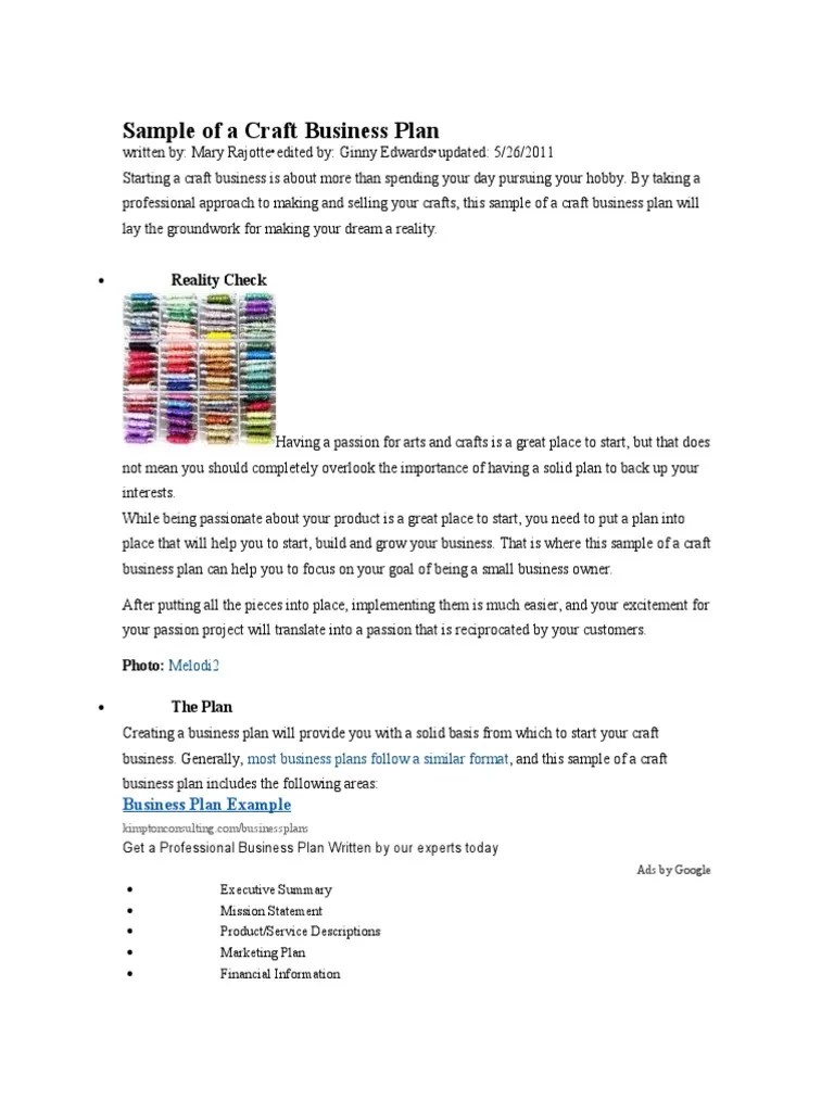 Sample of A Craft Business Plan PDF Market (Economics) Marketing