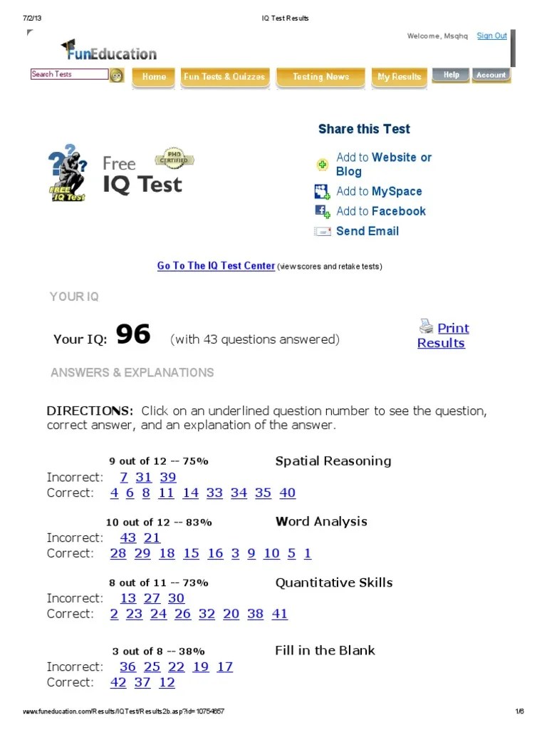 IQ Test Results Intelligence Quotient Educational Psychology Free