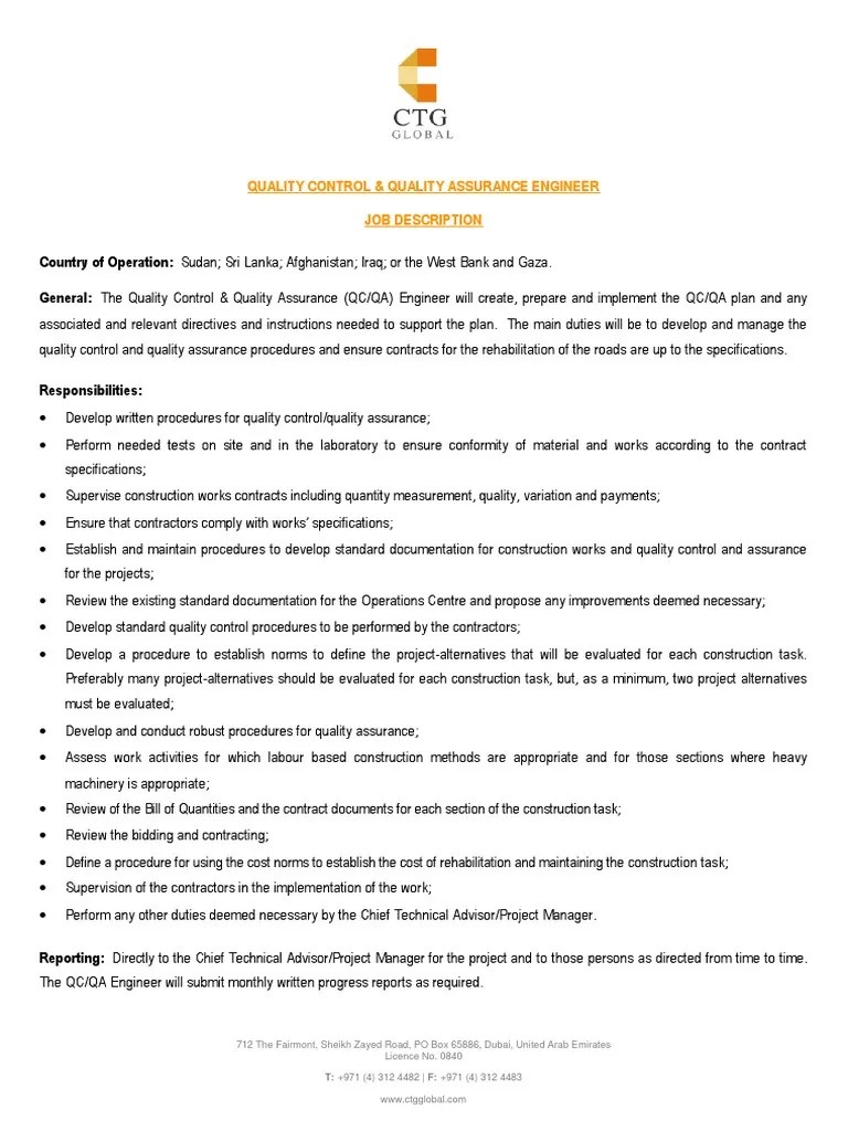 Quality Control & Quality Assurance Engineer Job Description PDF